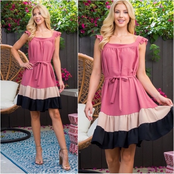 New Soft woven Colorblock flutter sleeveless tie waist spring summer dress - Picture 2 of 3